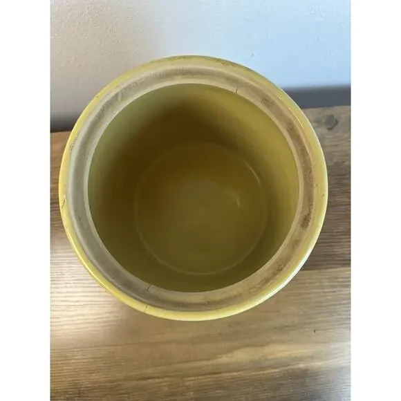 Vintage Stoneware Cookie Jug Crock Yellow Black Pottery w/ Cork Lid